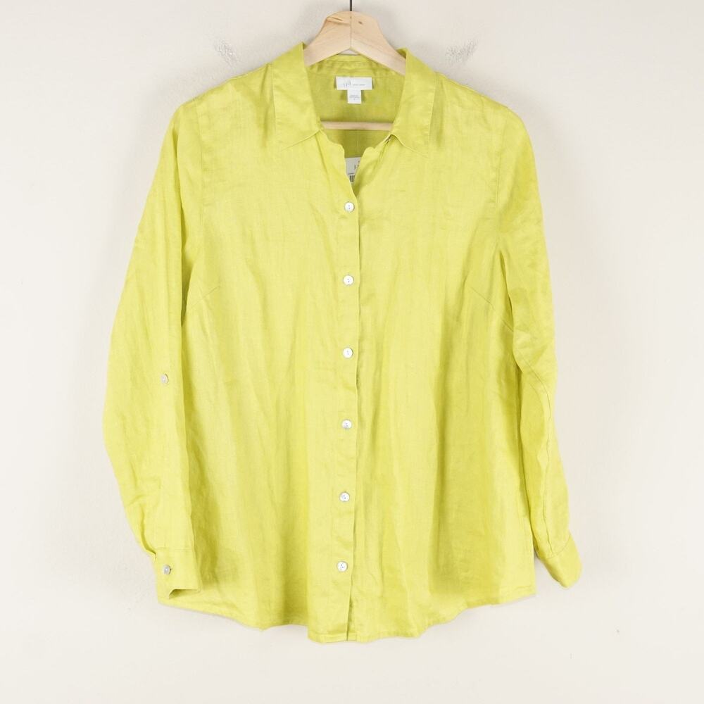 NEW J Jill Love Linen Long Sleeve Button Down Citron Yellow Top Womens Sz S